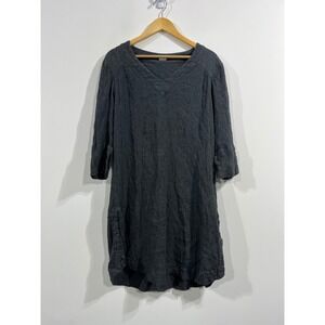 Poetry Linen Blend Crinkle V-Neck Tunic Dress Womens 14 Lagenlook Kaftan Pockets